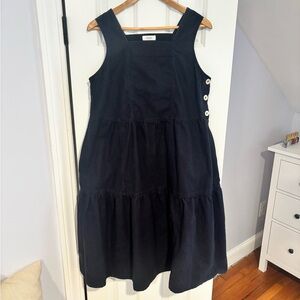 Women's Black Midi Pinafore Dress with Side Button Detail